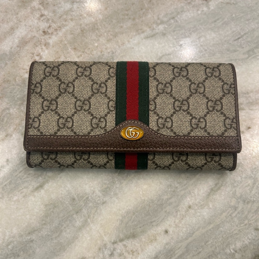 Gucci Beige and Brown Wallet with Red and Green Stripe